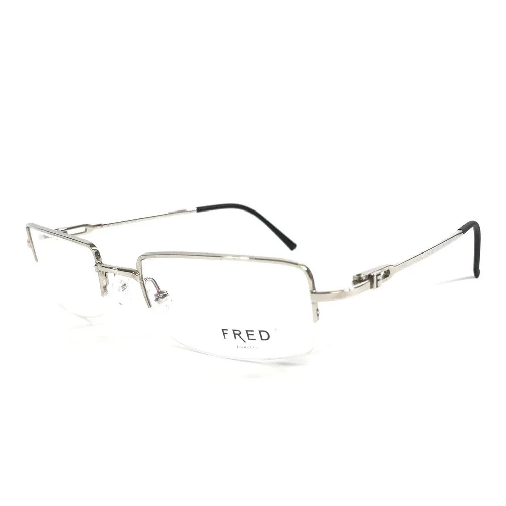 FRED Eyeglasses Frames ALASKA N1 002 Shiny Silver Rectangle Half Rim 53-19-135